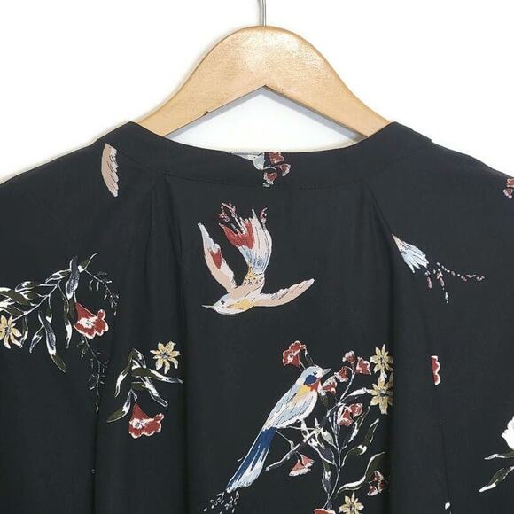 H&M Floral Bird Print V Neck Tie Neck Long Sleeve Black Shift Dress Size 12 - Picture 9 of 14